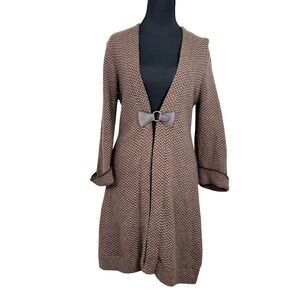 Women's Herringbone Wool Knit Cardigan Soft Surroundings Brown Y2K Equestrian S